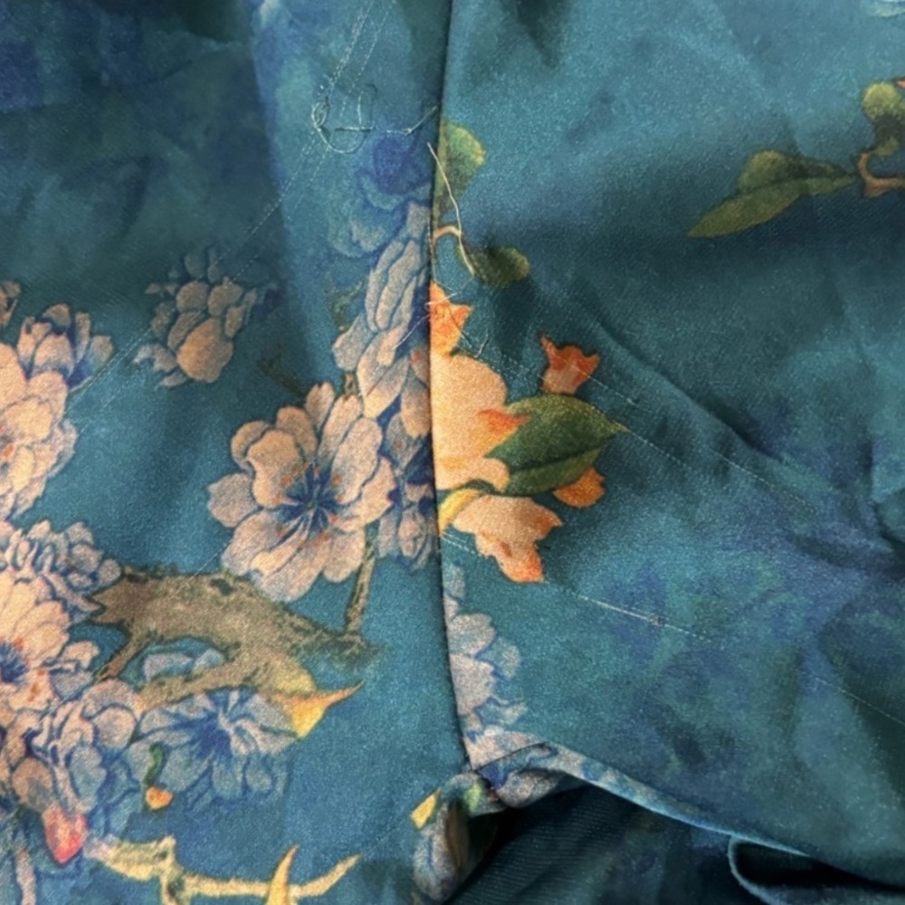 Kimono Ono Teal Floral Velvet Trim Long Kimono Robe - Picture 6 of 10